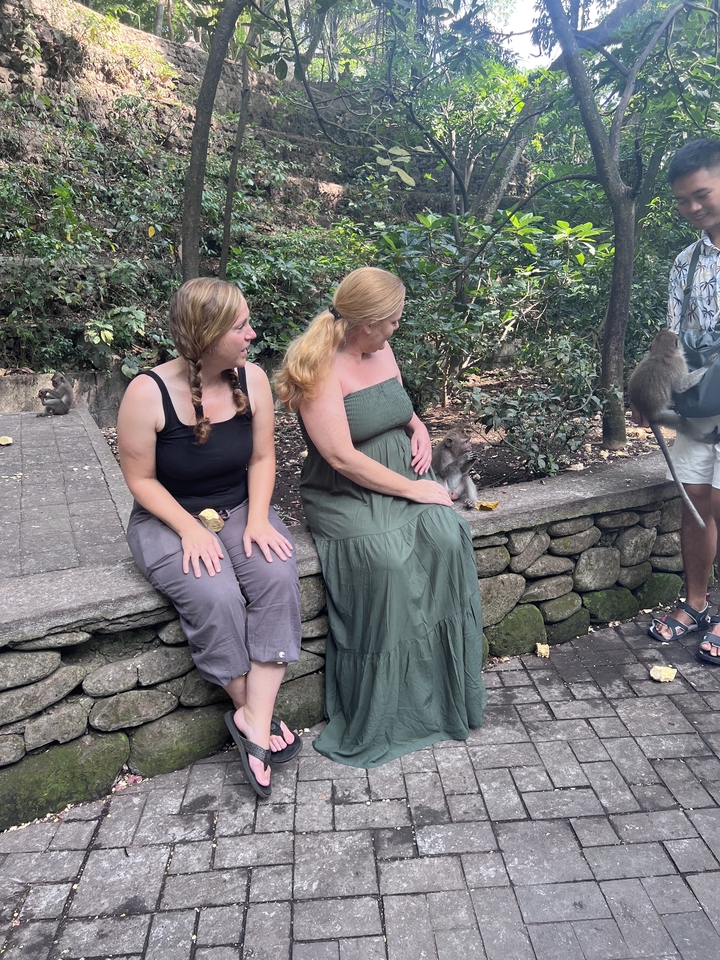 Women sitting around a monkey at a park.
