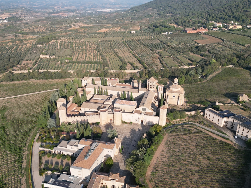 Aerial view of a large monastery complex surrounded by fields.