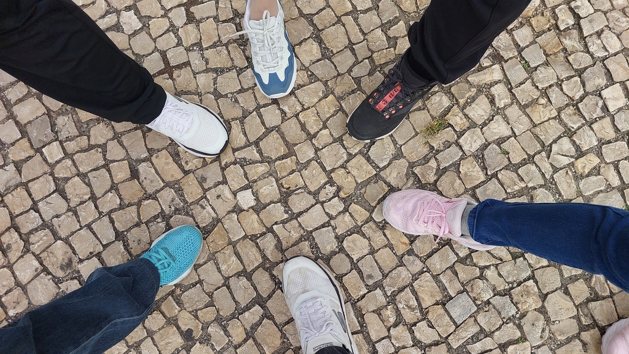 Close-up of people's shoes on a cobbled path.