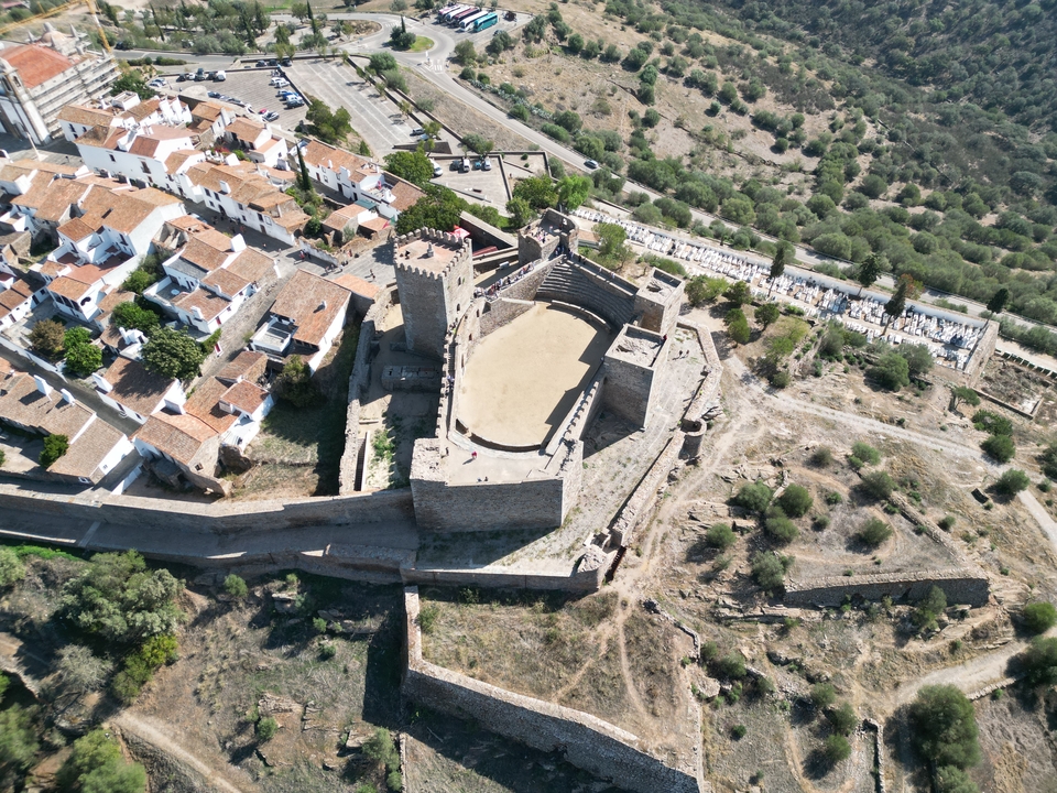 Aerial view of a historical castle with a village nearby.