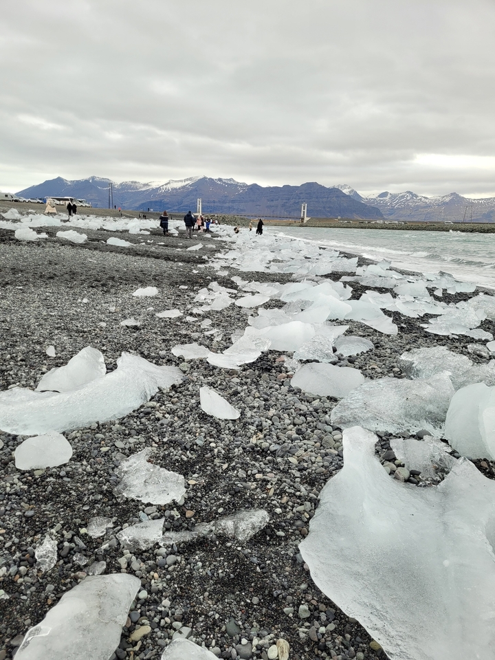 Playa helada con trozos de hielo dispersos cerca del agua.