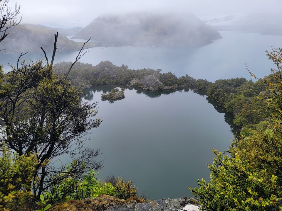Un paysage forestier brumeux avec un lac réfléchissant.