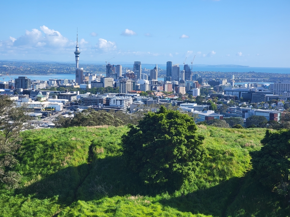 Vue panoramique d'un horizon urbain avec une colline verdoyante.