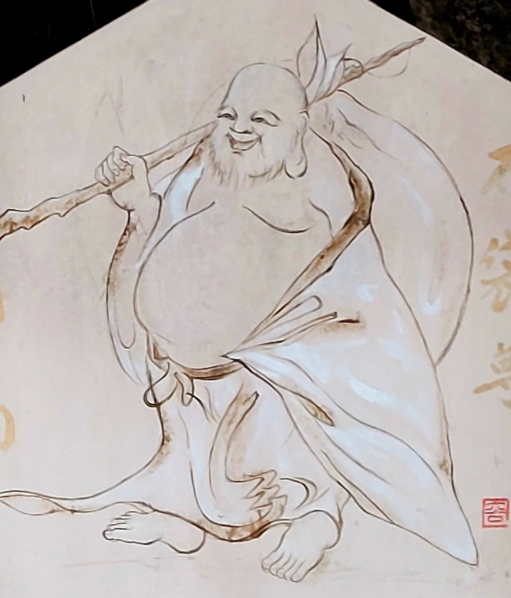 Monochrome sketch of a person with a staff.