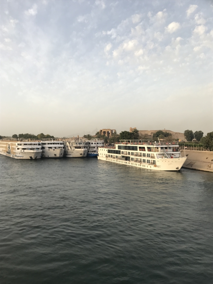 Plusieurs navires de croisière amarrés le long d'une rivière.