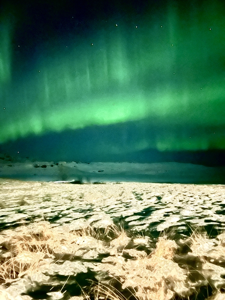 Northern lights over a snowy landscape.