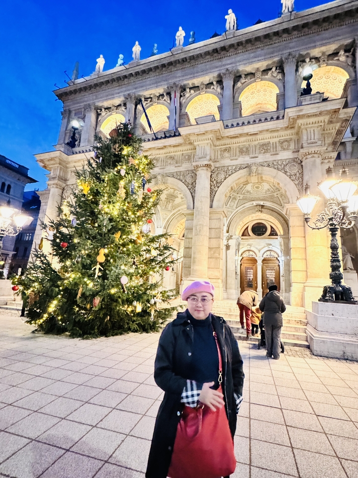 A woman standing in front of a decorated Christmas tree and an ornate building.