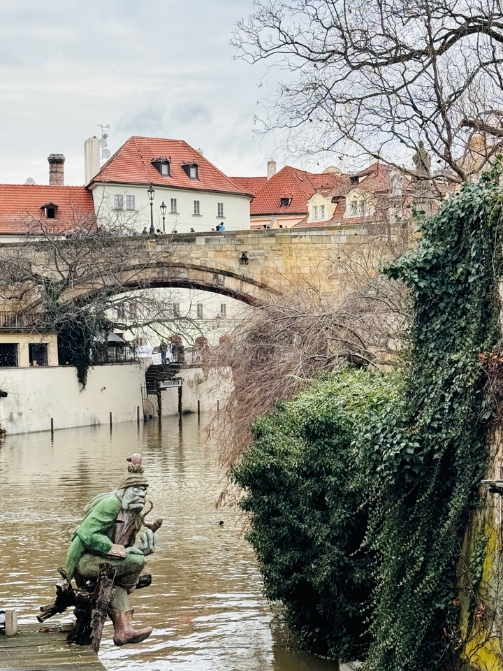 A stone bridge with lush greenery and water beneath.