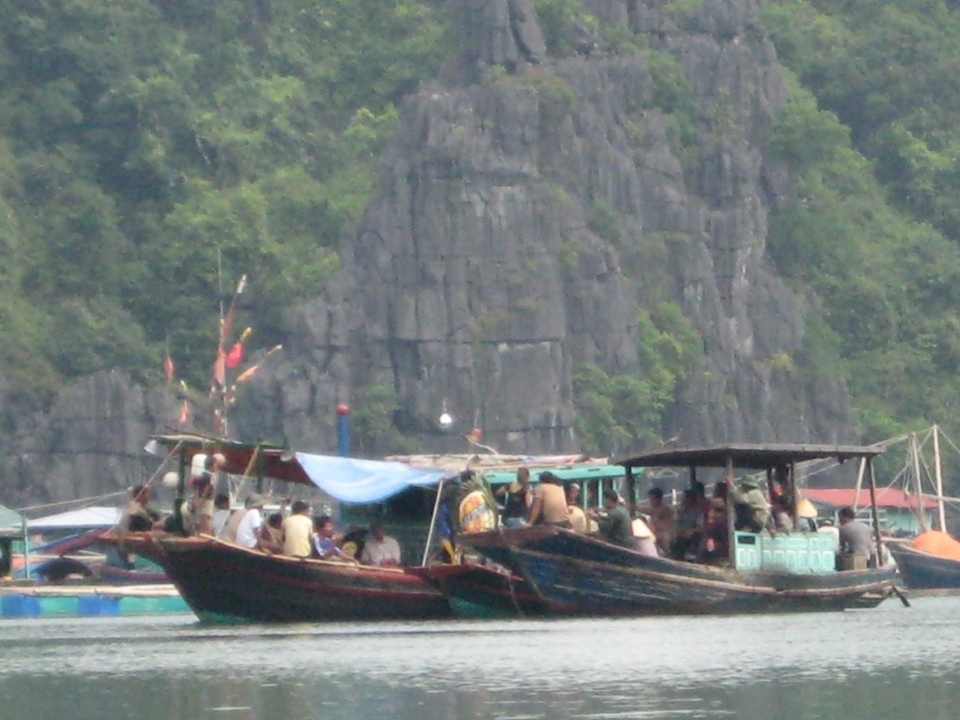 Image floue de bateaux entassés dans une baie avec des falaises rocheuses.