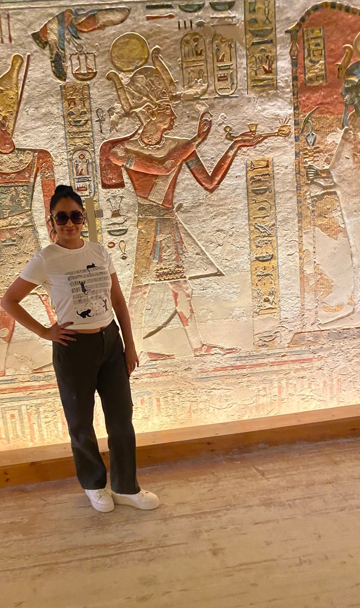 Personne debout à côté de sculptures murales de l'Égypte ancienne.