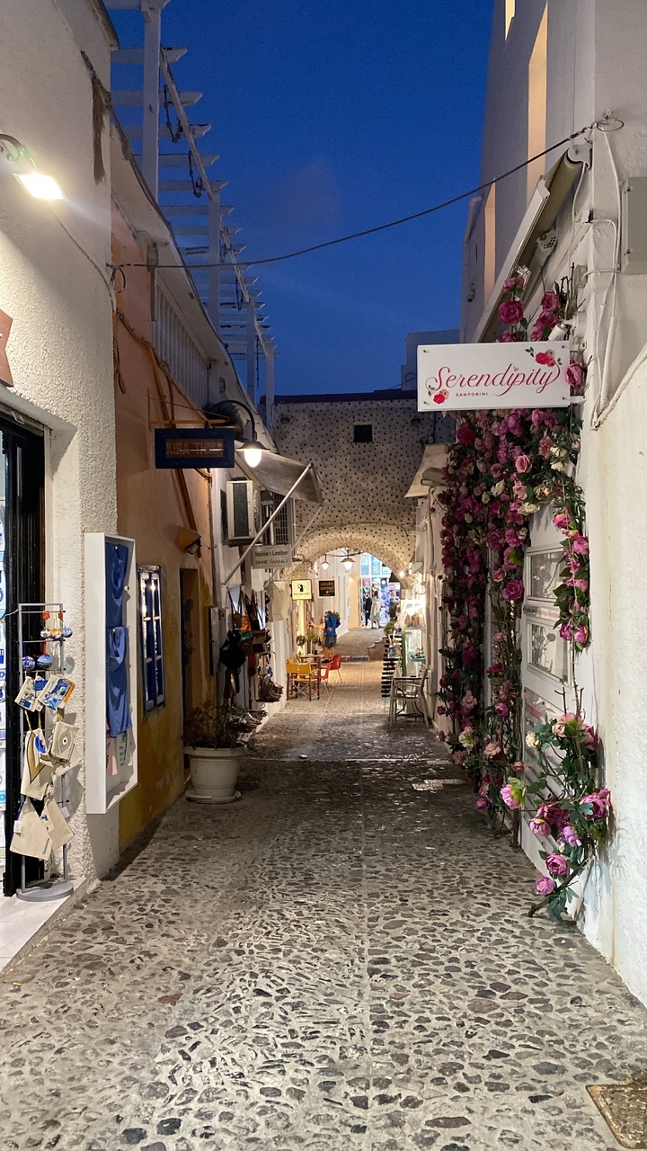 Schmale Straße mit Geschäften und Blumen.