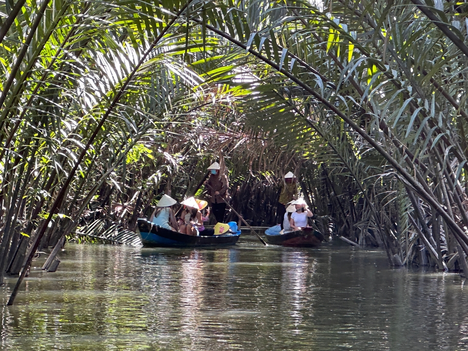 Canoes with people paddling through a waterway lined with trees.