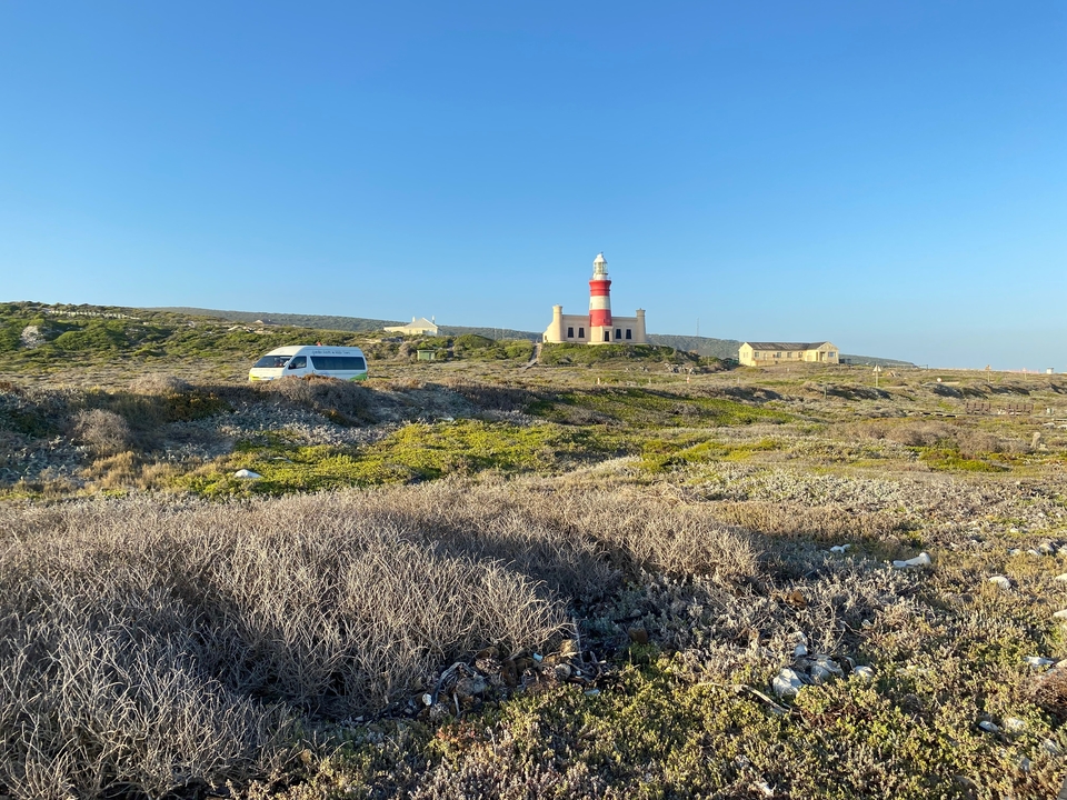 Red and white lighthouse in a coastal landscape.