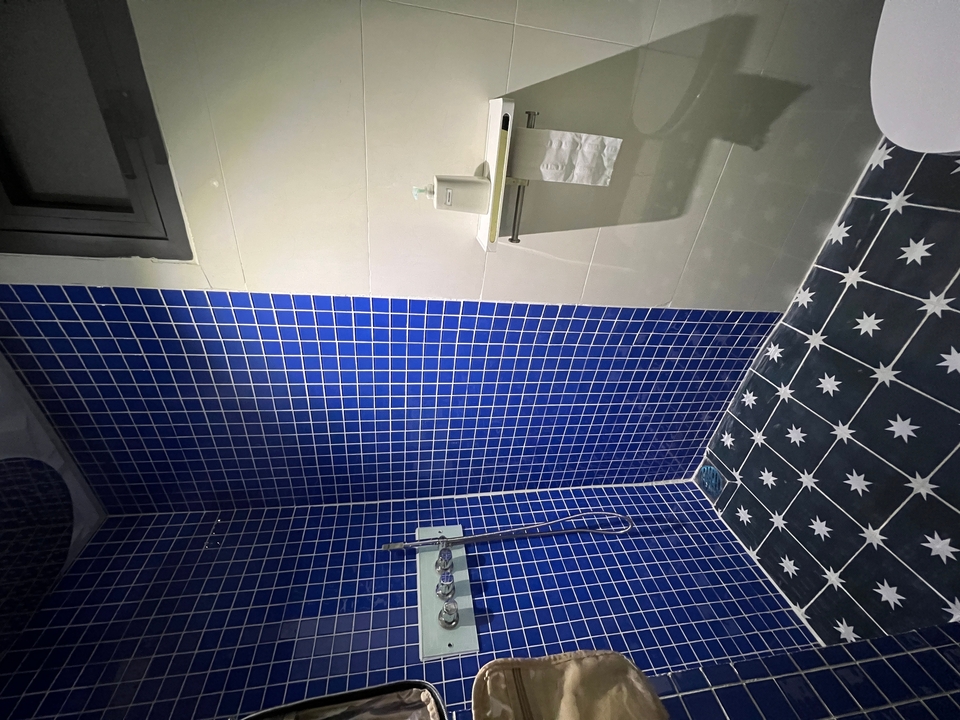 Une salle de bain avec des murs carrelés bleus et noirs.