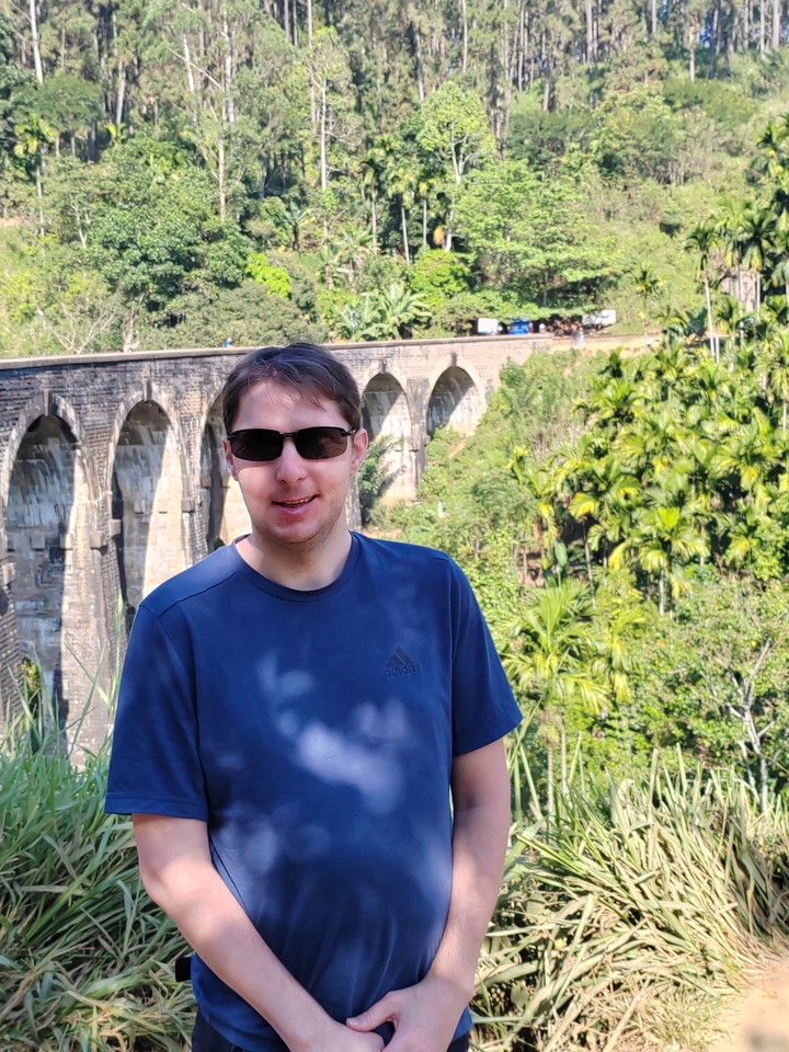 Personne debout près d'un pont dans une zone verdoyante luxuriante.