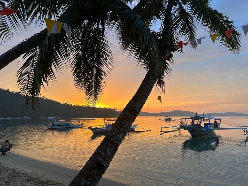 Coucher de soleil sur l'eau avec des bateaux et silhouette de palmier.