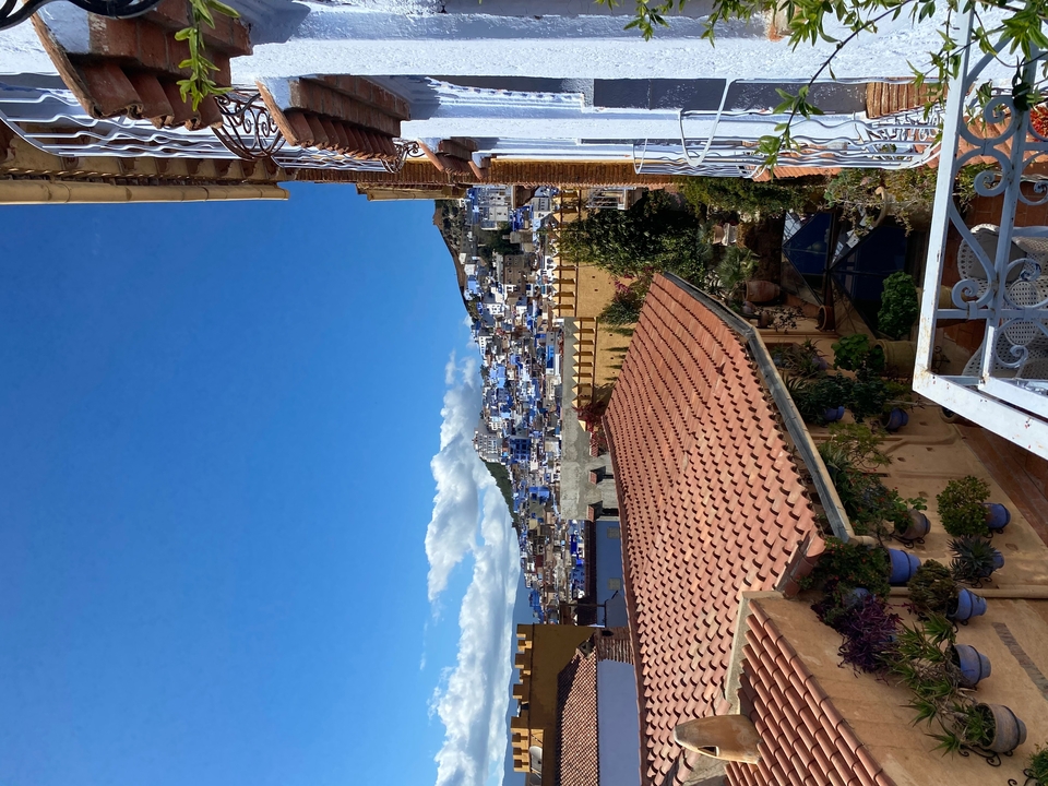 Vue d'une ville avec des bâtiments peints en bleu.