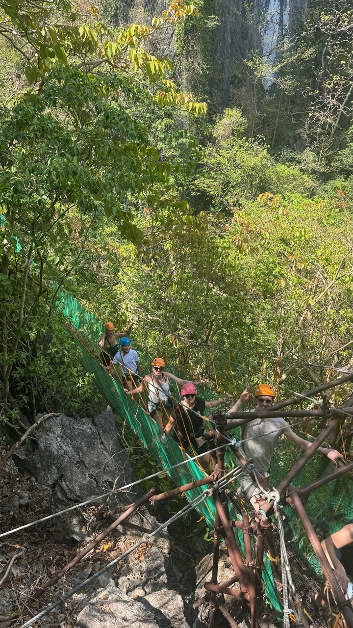 Groupe de personnes traversant un pont de corde suspendu dans une forêt.