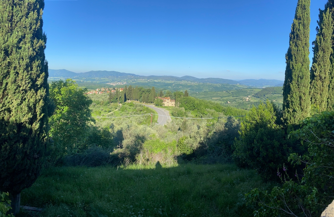 Vue panoramique de la campagne avec des cyprès.