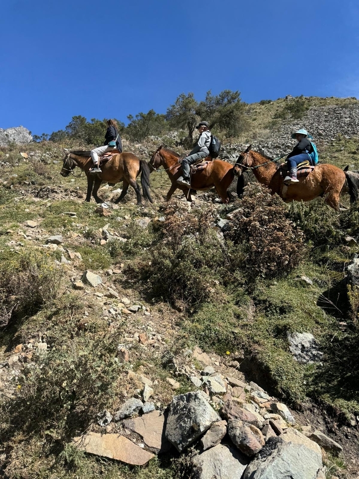 Three people on horseback on a rugged trail.