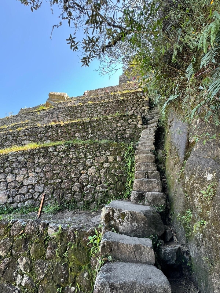 Stone steps leading up terraced ancient ruins.