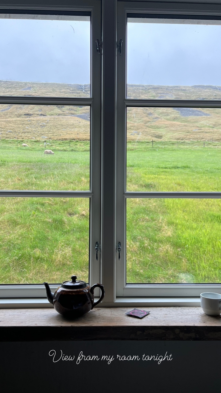 View through a window showing sheep grazing on a field.