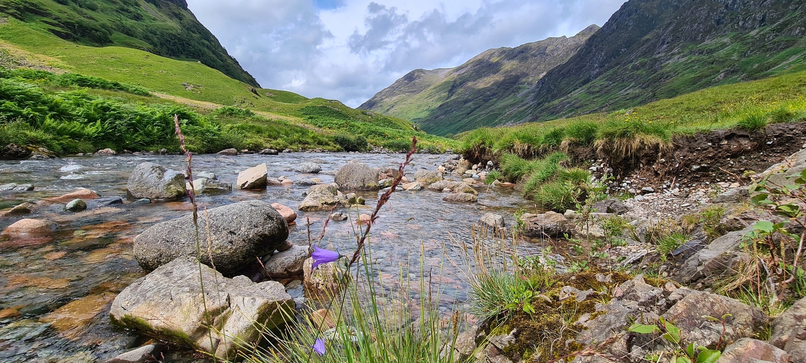 Scenic view of a flowing river in a lush green valley.