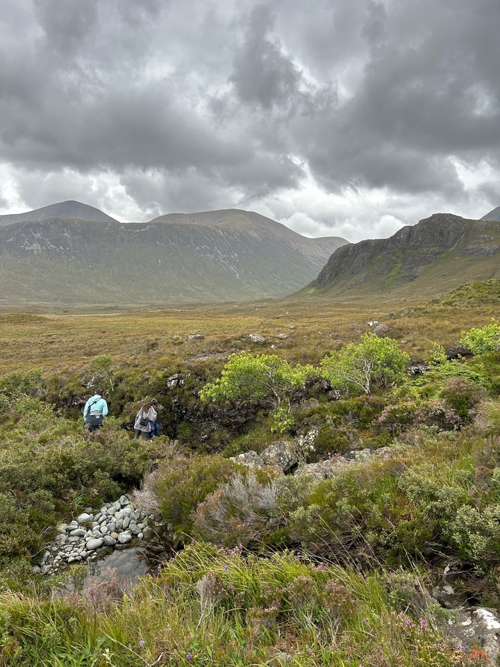 Two hikers in a vast green landscape with mountains.