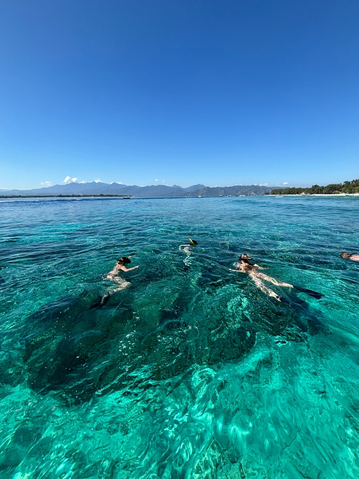 People snorkeling in clear blue water with distant mountains.