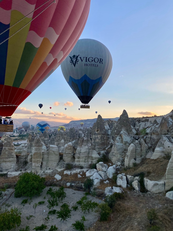 Montgolfières survolant des formations rocheuses uniques.