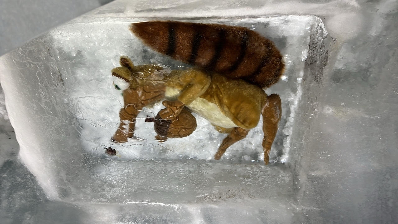 Peluche d'un animal préhistorique pris dans la glace.