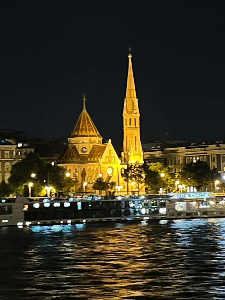 Photo légèrement floue d'une église illuminée la nuit.