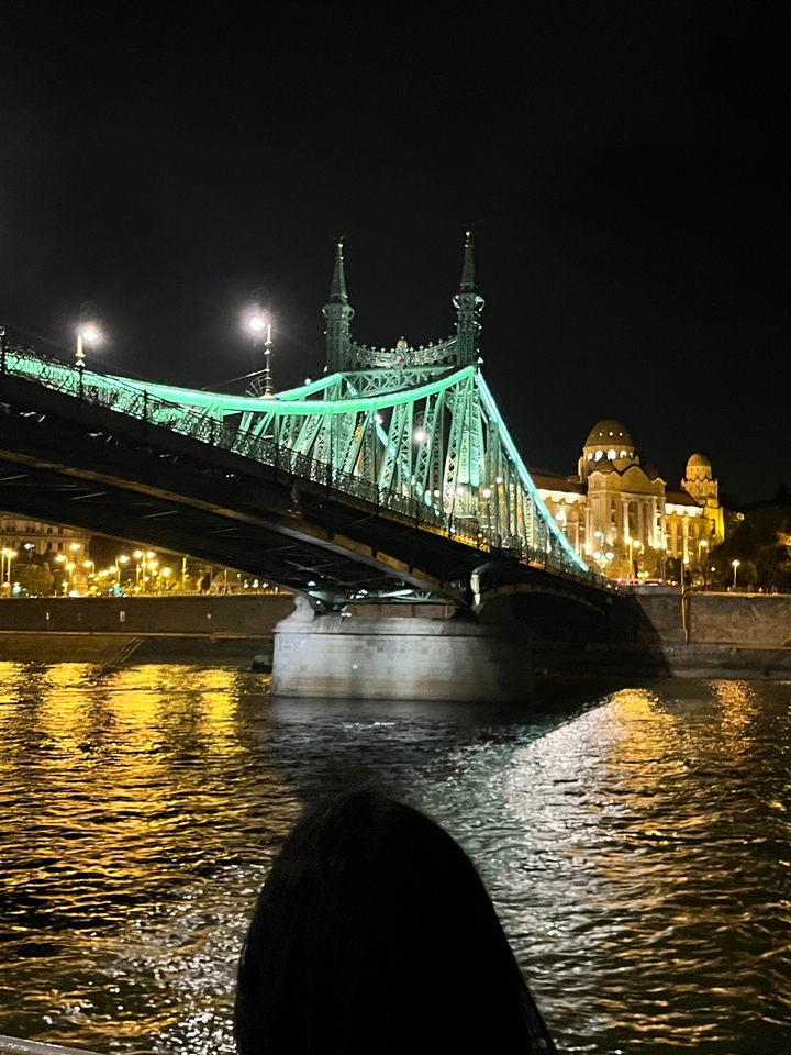 Pont avec des éclairages décoratifs au-dessus d'une rivière se reflétant la nuit.