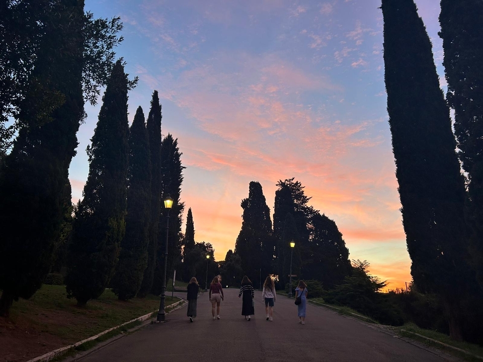 People walking along a path with tall trees and a colorful sunset.