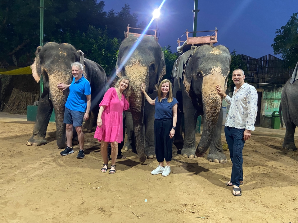 Un groupe de personnes debout avec des éléphants le soir.