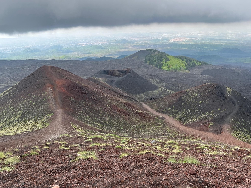 Volcanic landscape with craters.