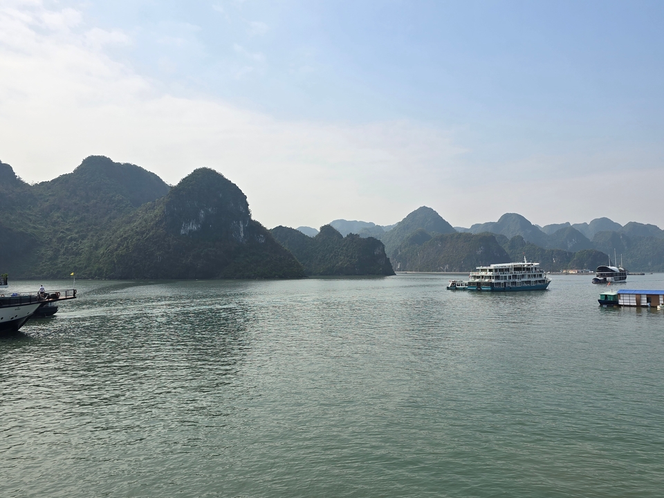 Overview of Halong Bay with cruise ships.