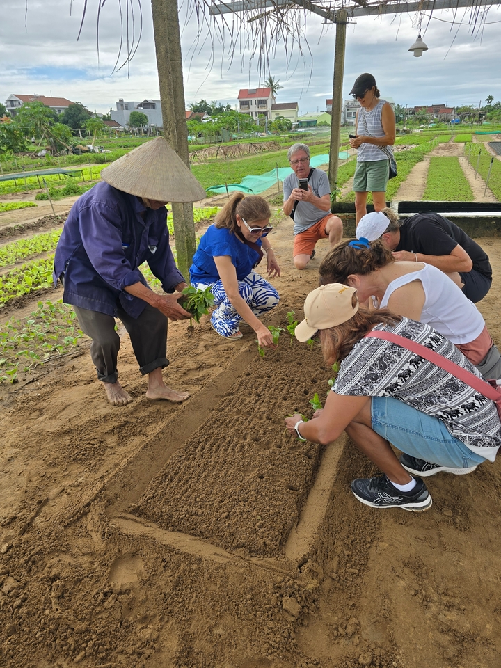 Tourists planting seedlings in a rural area.