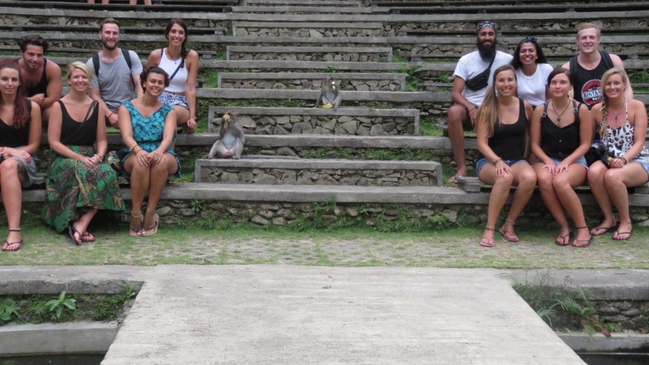Group of people sitting on stairs with monkeys.