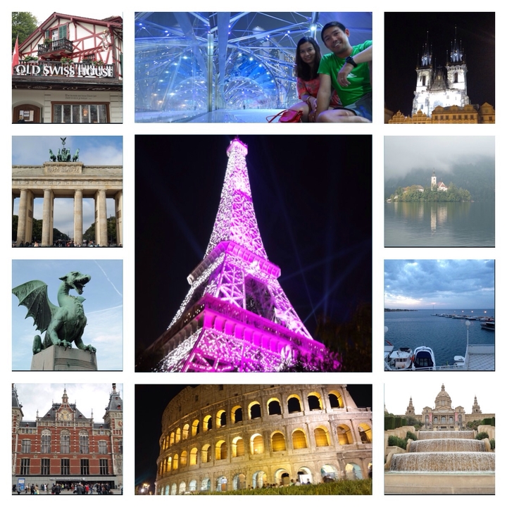 Collage of famous landmarks including Eiffel Tower.