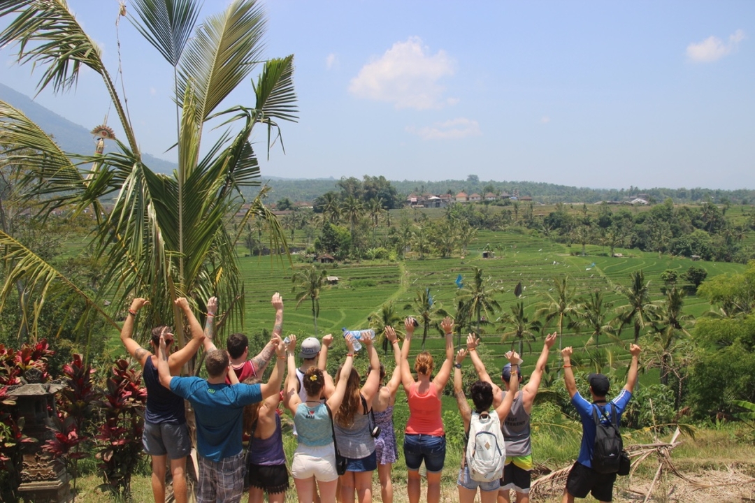Group of people raising hands in front of lush rice terraces.