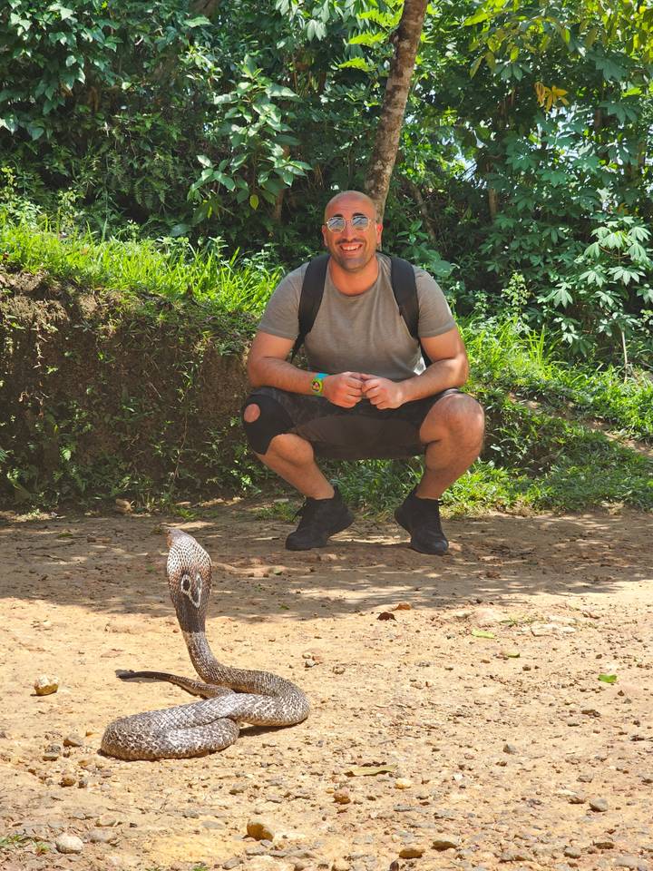 Personne accroupie à côté d'un animal sauvage dans une forêt.