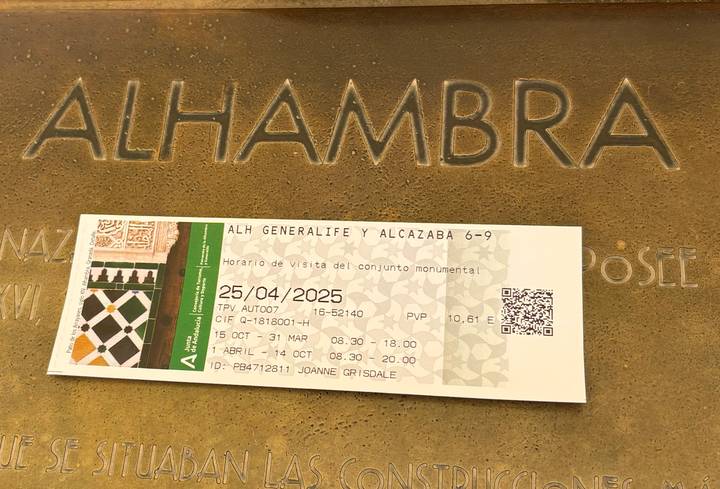 Close-up of Alhambra entrance ticket.