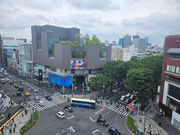 City intersection view from a higher vantage point.