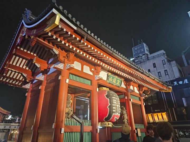 Entrance of Senso-ji Temple illuminated at night.
