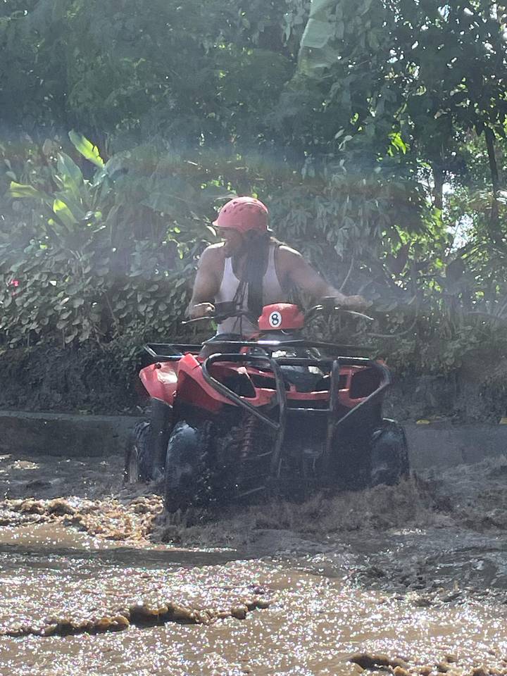 Person on an ATV in a jungle setting.