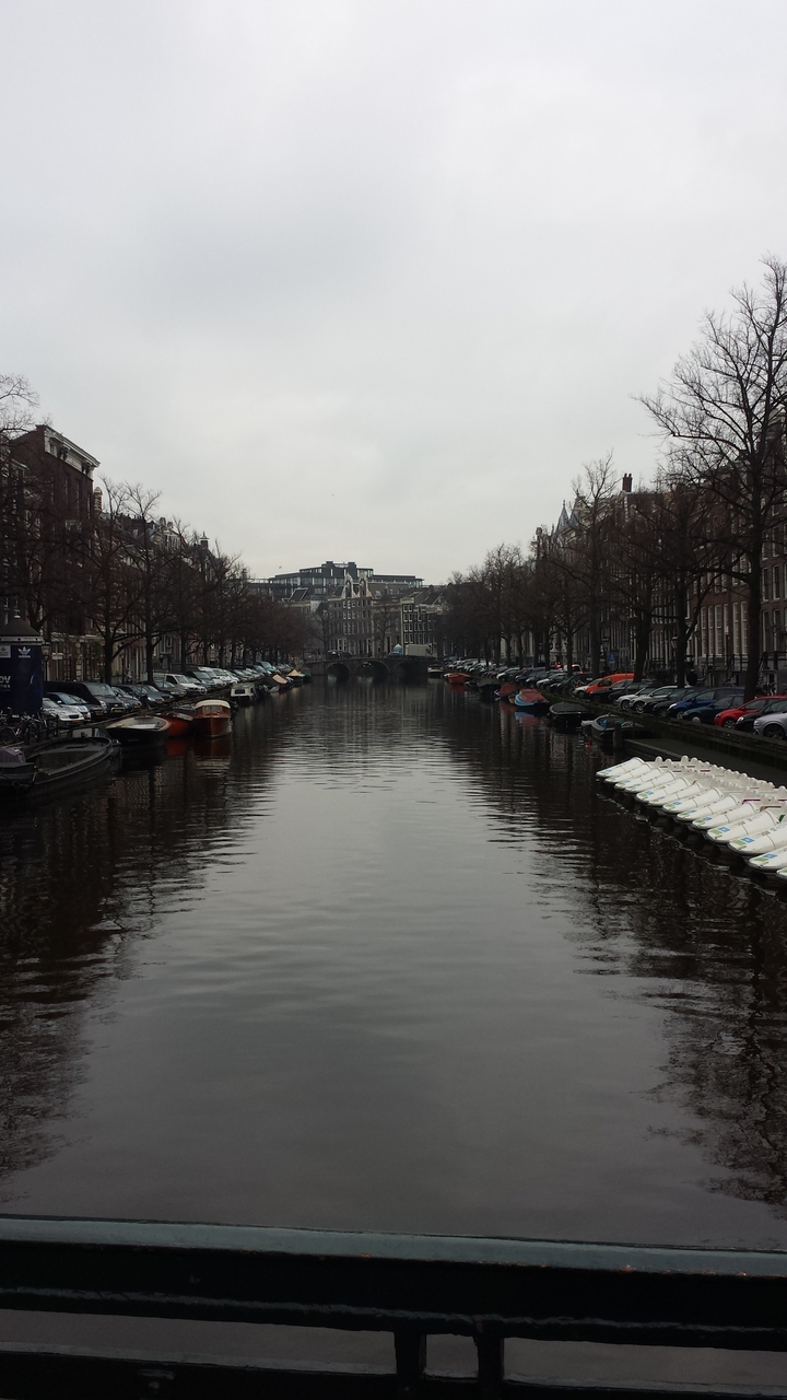 A serene canal scene with boats and parked cars during a cloudy day.