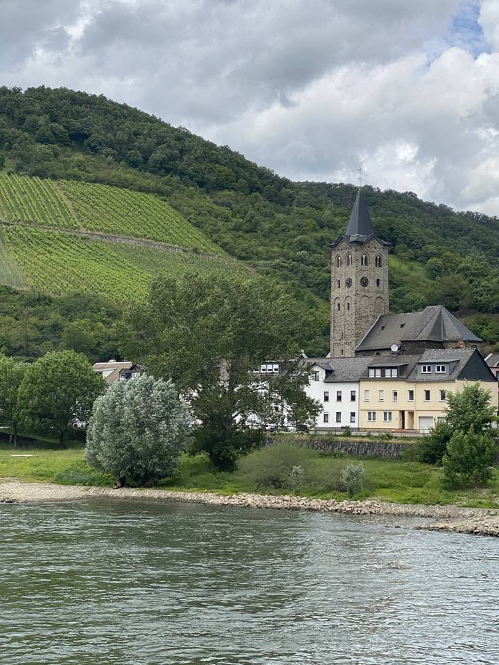 Buildings by a river with a forested hill.