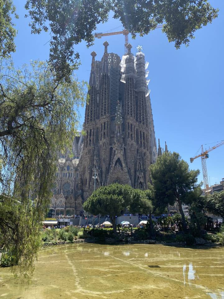 La Sagrada Familia under construction with trees around.