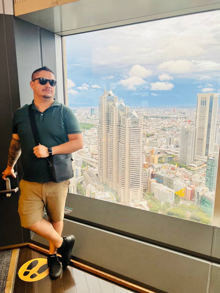 A person standing by a window overlooking a city's skyline.